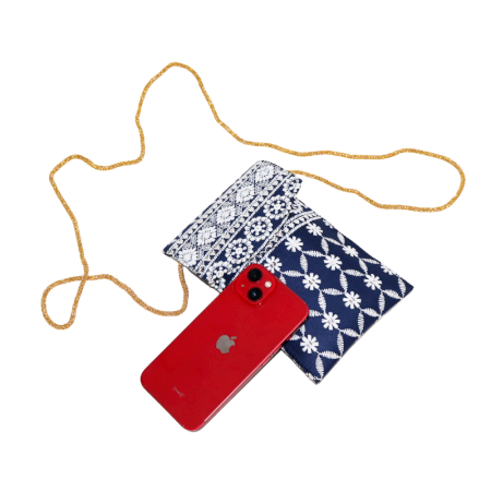Navy Blue Floral Design Cotton Clutch Bag with Mirror Work and Gold Chain